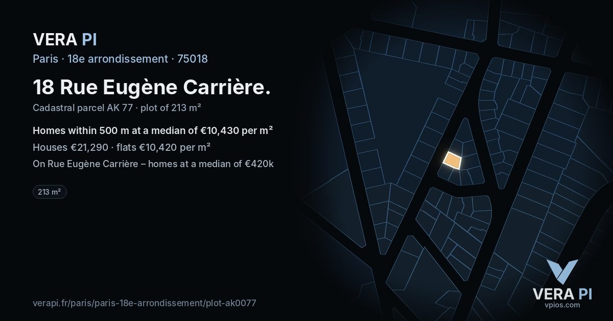 18 Rue Eugène Carrière, 18e arrondissement at night – the plot lit, the parcels around coloured by the prices near them
