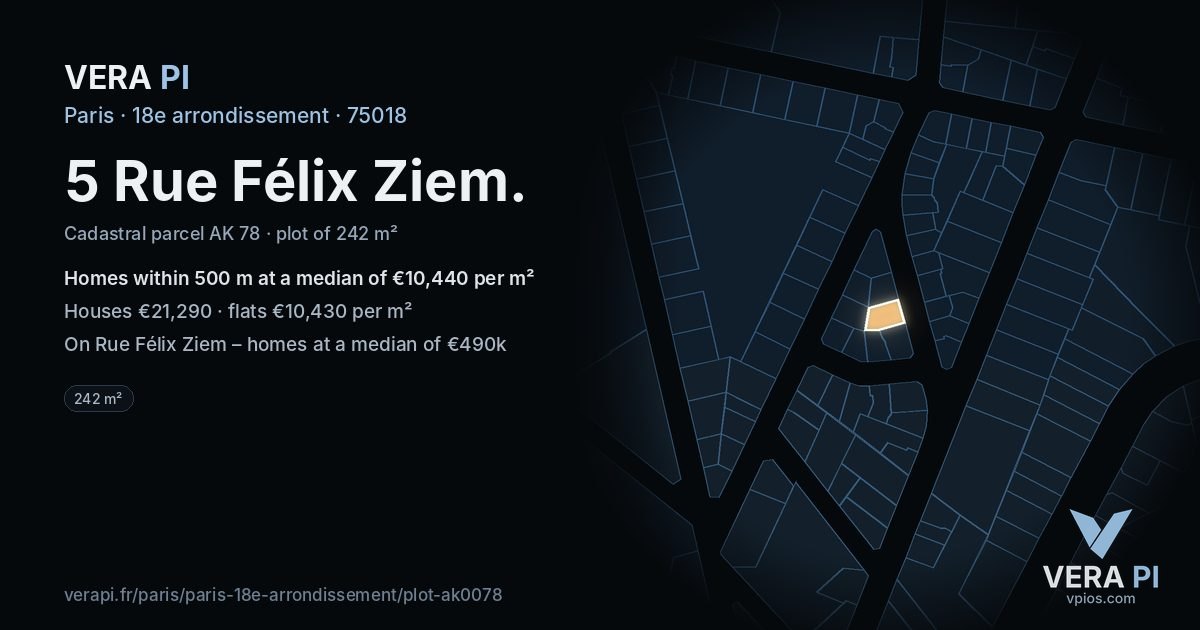 5 Rue Félix Ziem, 18e arrondissement at night – the plot lit, the parcels around coloured by the prices near them