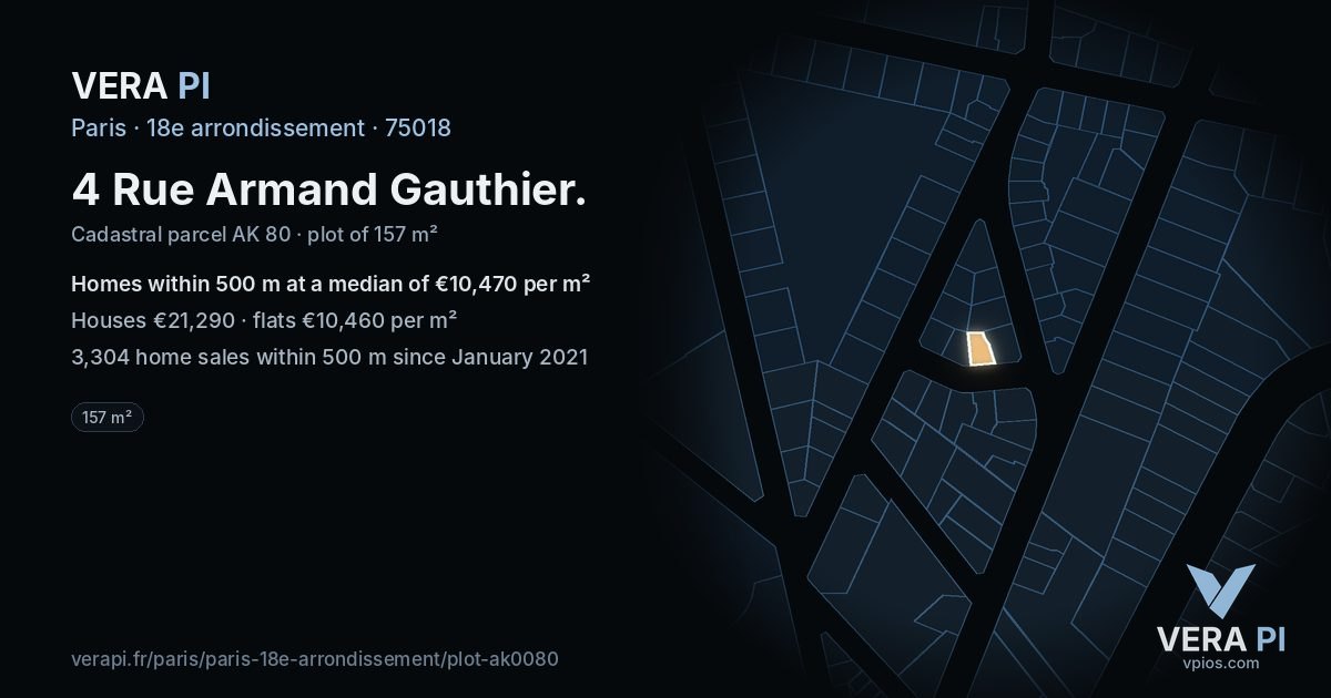 4 Rue Armand Gauthier, 18e arrondissement at night – the plot lit, the parcels around coloured by the prices near them