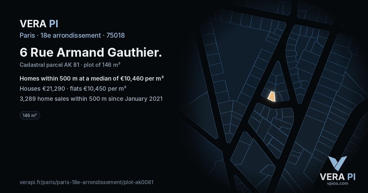 6 Rue Armand Gauthier, 18e arrondissement at night – the plot lit, the parcels around coloured by the prices near them