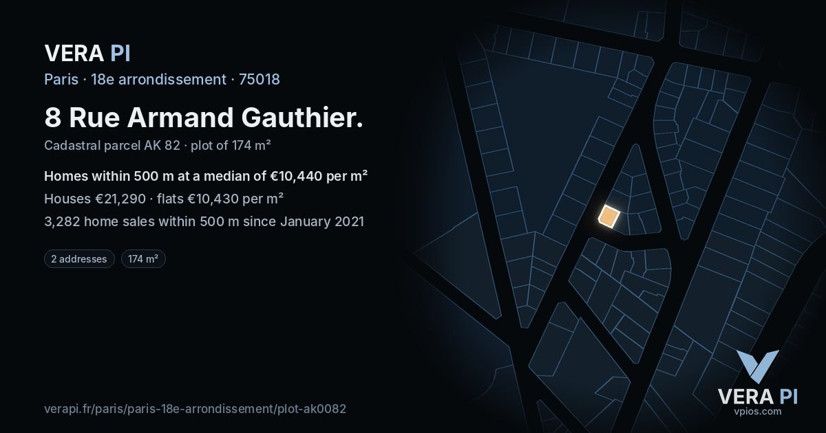 8 Rue Armand Gauthier, 18e arrondissement at night – the plot lit, the parcels around coloured by the prices near them