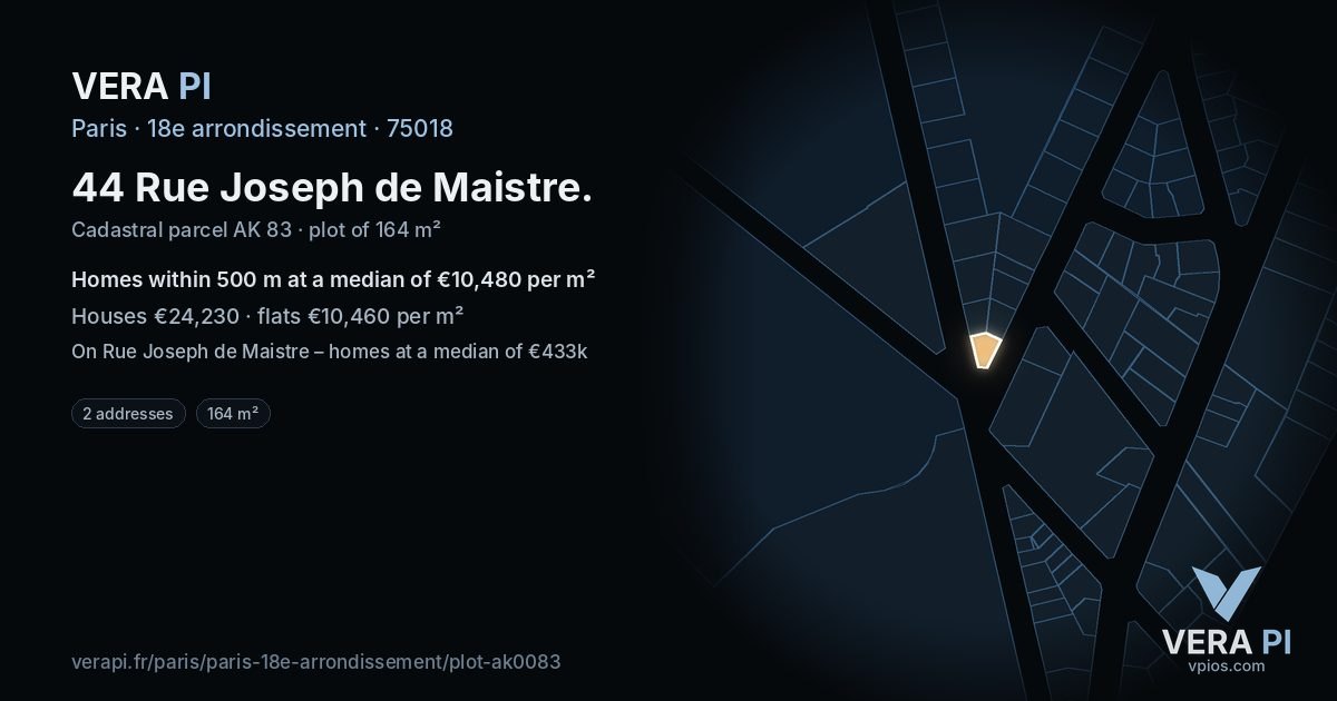 44 Rue Joseph de Maistre, 18e arrondissement at night – the plot lit, the parcels around coloured by the prices near them