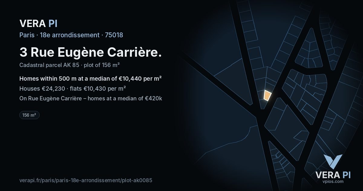 3 Rue Eugène Carrière, 18e arrondissement at night – the plot lit, the parcels around coloured by the prices near them