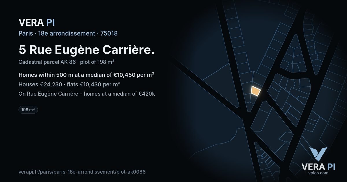5 Rue Eugène Carrière, 18e arrondissement at night – the plot lit, the parcels around coloured by the prices near them
