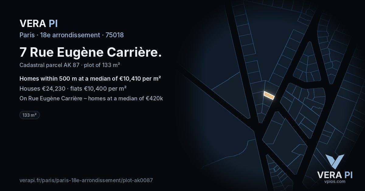 7 Rue Eugène Carrière, 18e arrondissement at night – the plot lit, the parcels around coloured by the prices near them