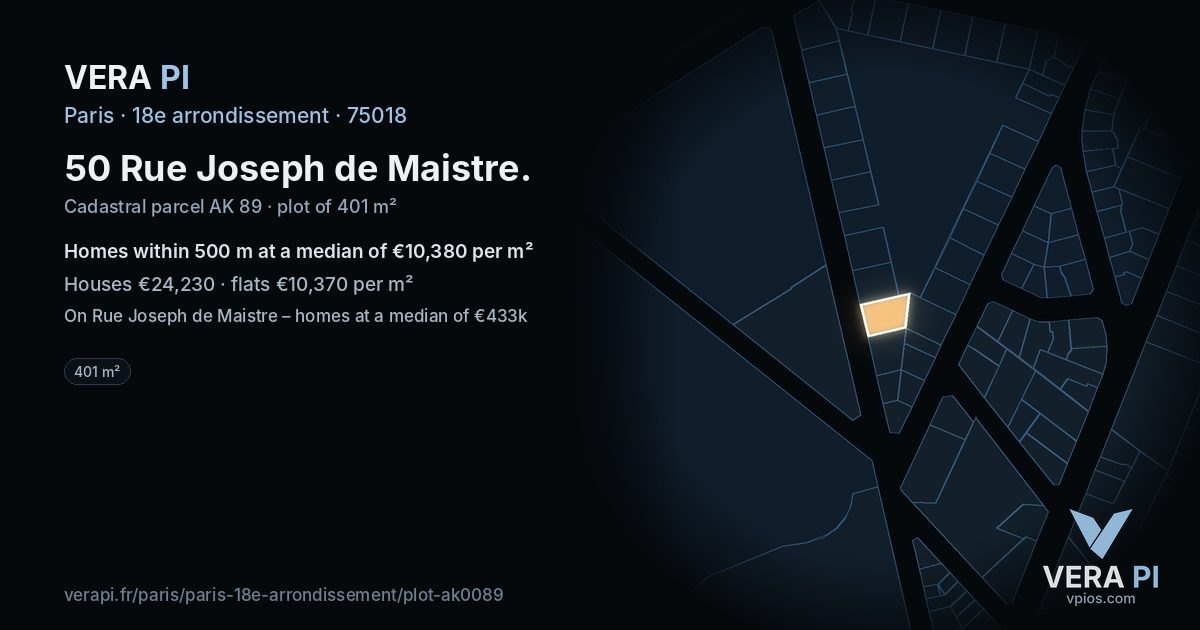 50 Rue Joseph de Maistre, 18e arrondissement at night – the plot lit, the parcels around coloured by the prices near them