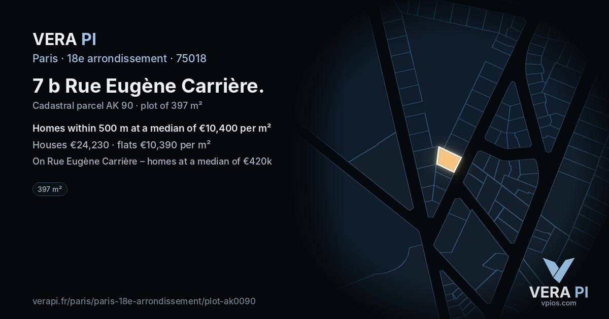 7 b Rue Eugène Carrière, 18e arrondissement at night – the plot lit, the parcels around coloured by the prices near them