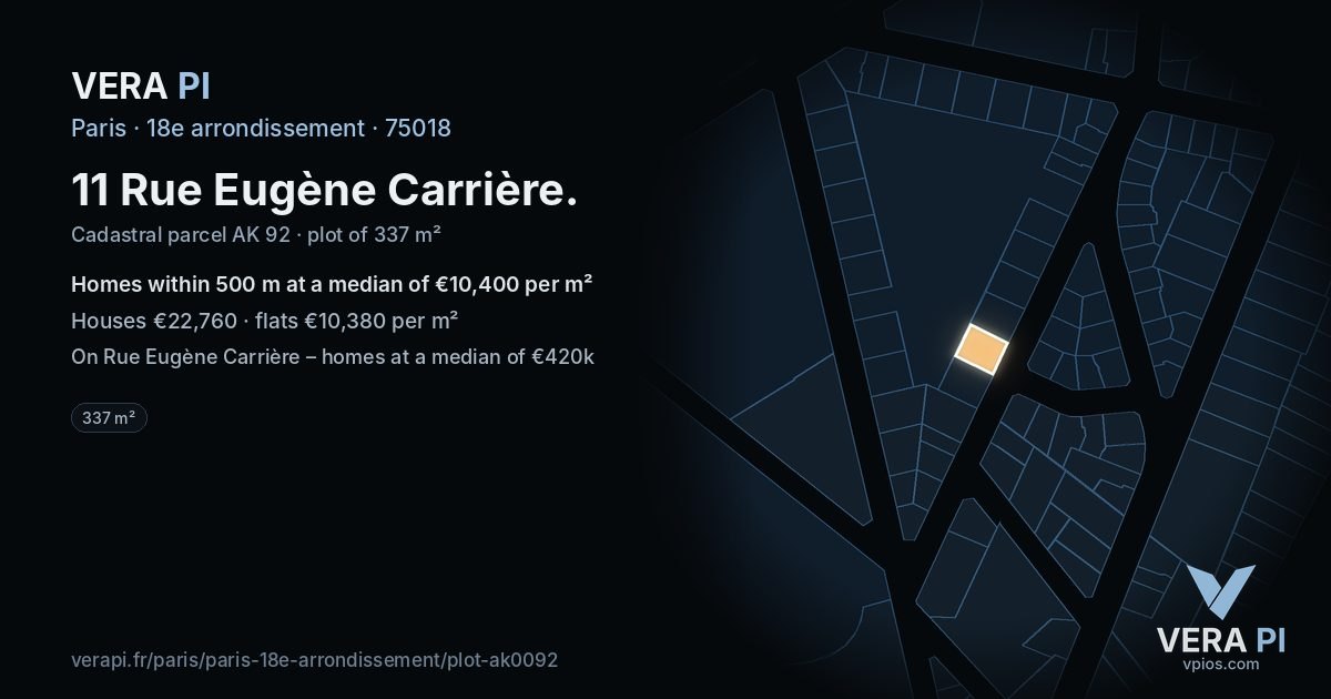 11 Rue Eugène Carrière, 18e arrondissement at night – the plot lit, the parcels around coloured by the prices near them