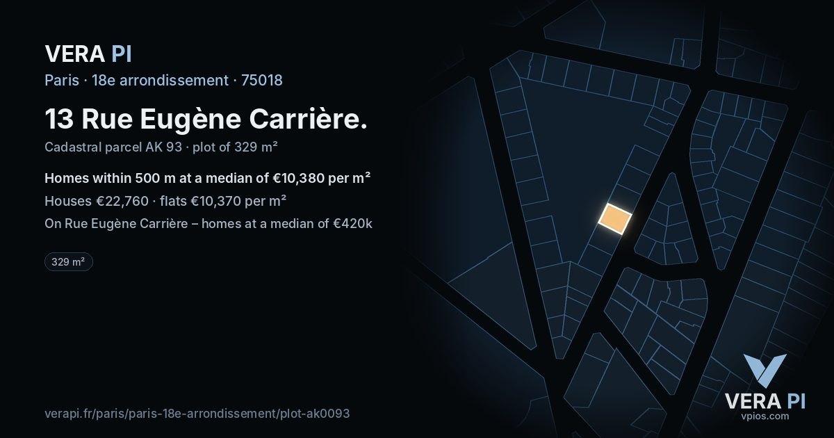 13 Rue Eugène Carrière, 18e arrondissement at night – the plot lit, the parcels around coloured by the prices near them