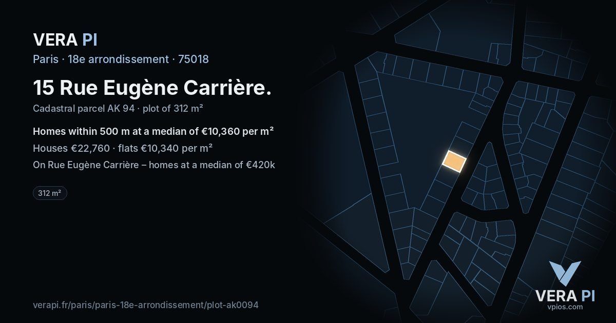 15 Rue Eugène Carrière, 18e arrondissement at night – the plot lit, the parcels around coloured by the prices near them