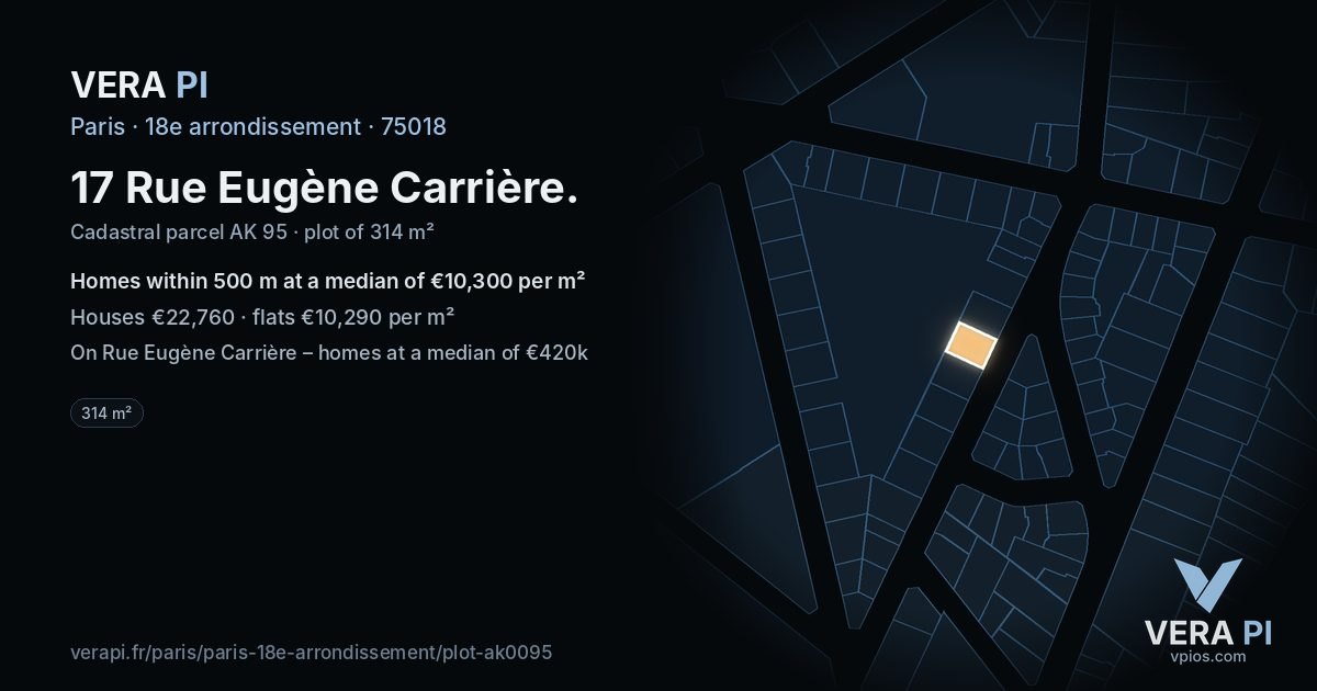17 Rue Eugène Carrière, 18e arrondissement at night – the plot lit, the parcels around coloured by the prices near them