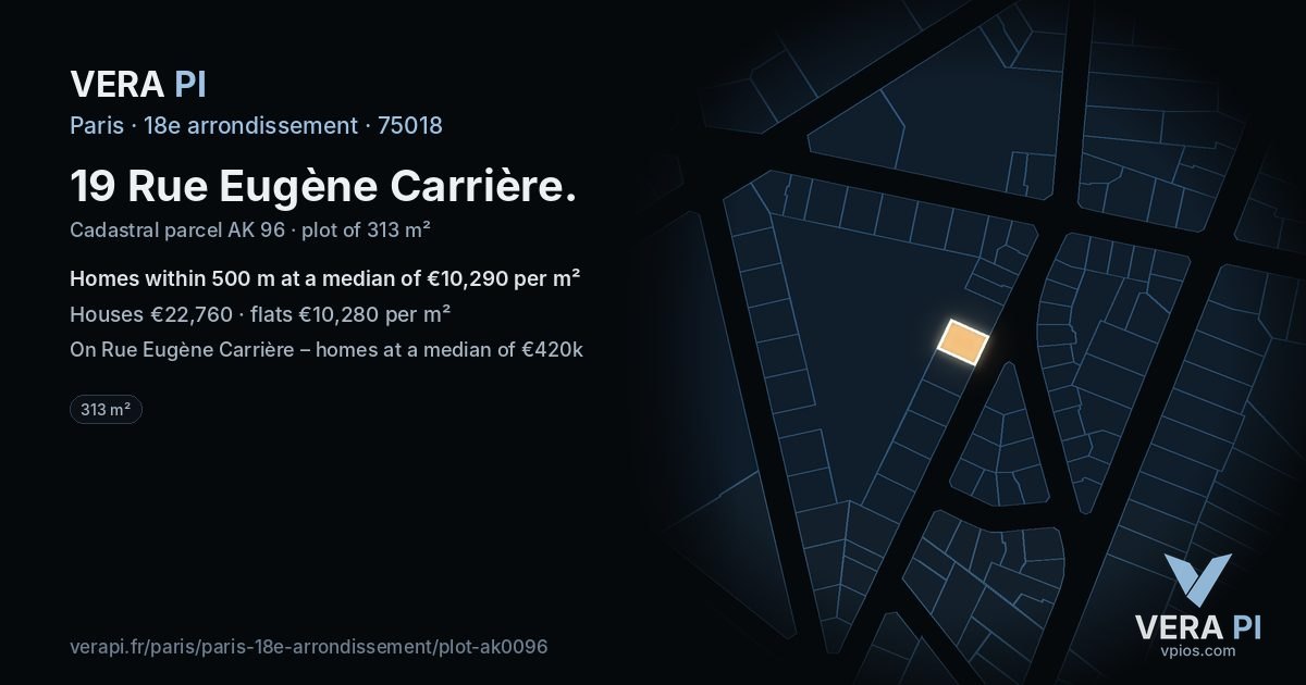 19 Rue Eugène Carrière, 18e arrondissement at night – the plot lit, the parcels around coloured by the prices near them