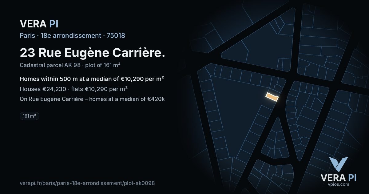 23 Rue Eugène Carrière, 18e arrondissement at night – the plot lit, the parcels around coloured by the prices near them
