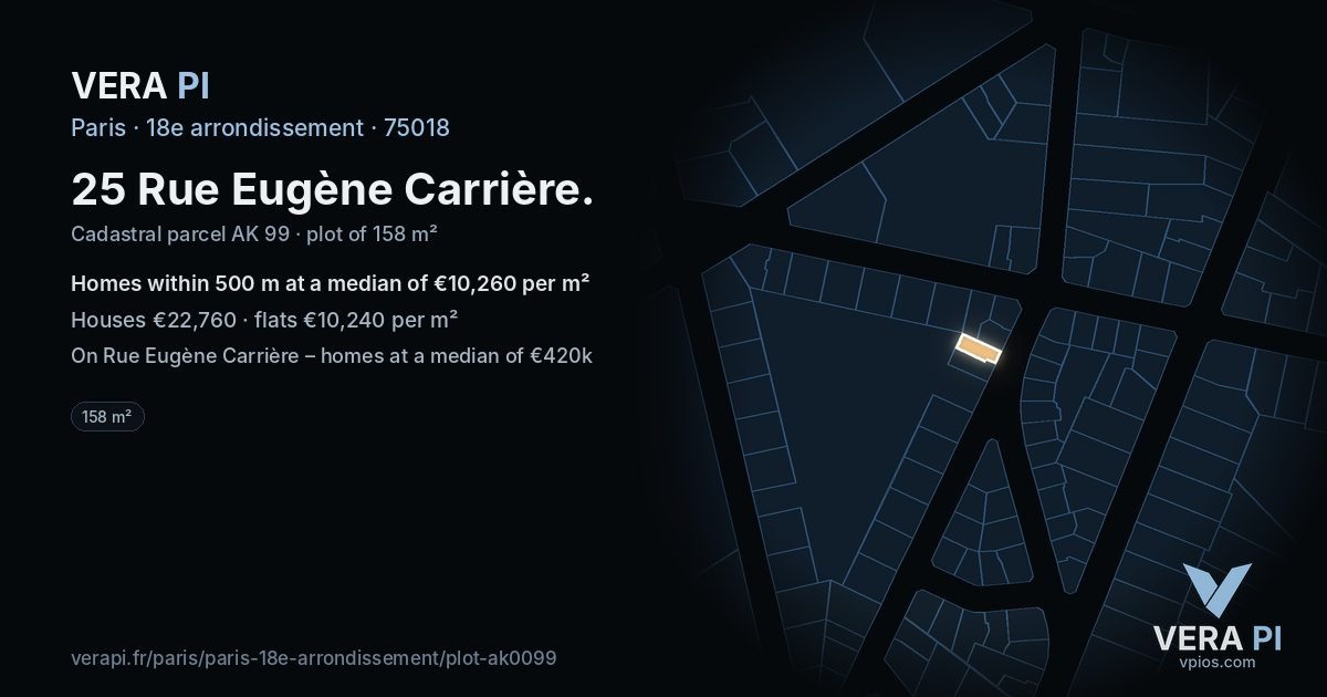 25 Rue Eugène Carrière, 18e arrondissement at night – the plot lit, the parcels around coloured by the prices near them