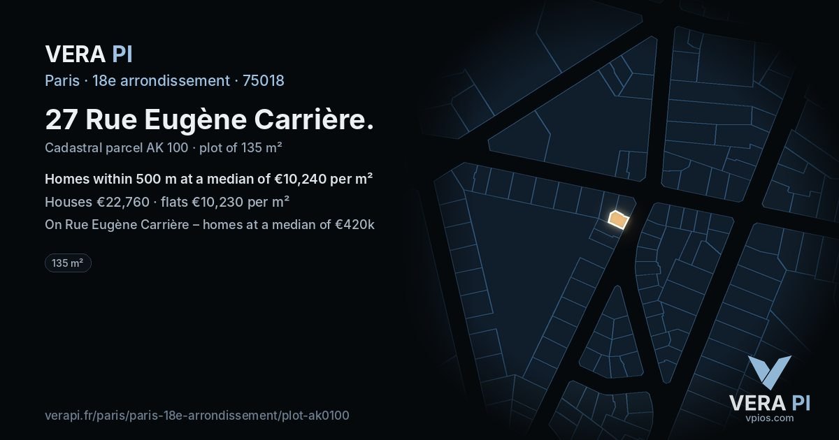 27 Rue Eugène Carrière, 18e arrondissement at night – the plot lit, the parcels around coloured by the prices near them