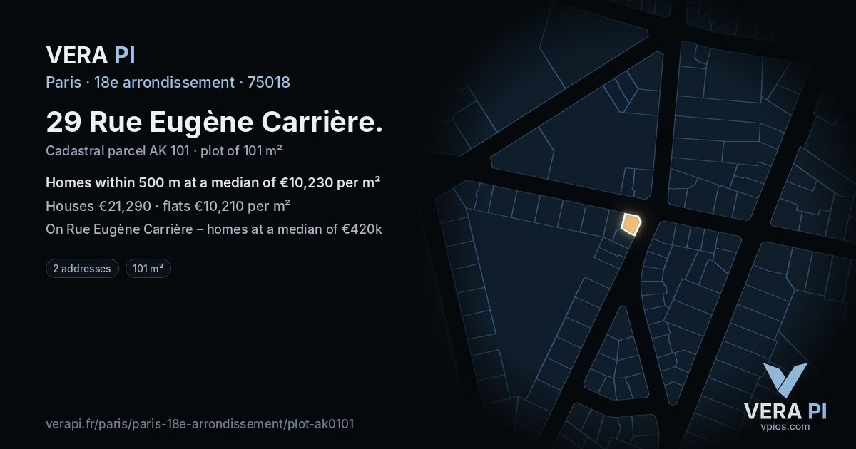 29 Rue Eugène Carrière, 18e arrondissement at night – the plot lit, the parcels around coloured by the prices near them