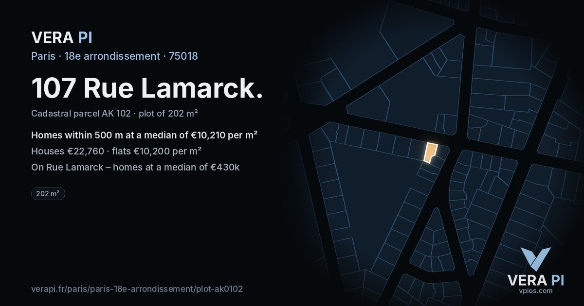 107 Rue Lamarck, 18e arrondissement at night – the plot lit, the parcels around coloured by the prices near them