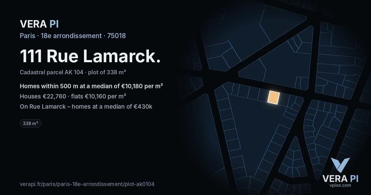 111 Rue Lamarck, 18e arrondissement at night – the plot lit, the parcels around coloured by the prices near them