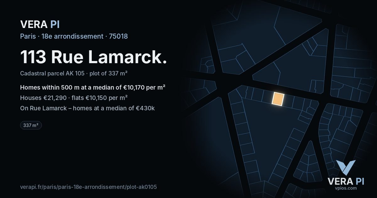 113 Rue Lamarck, 18e arrondissement at night – the plot lit, the parcels around coloured by the prices near them