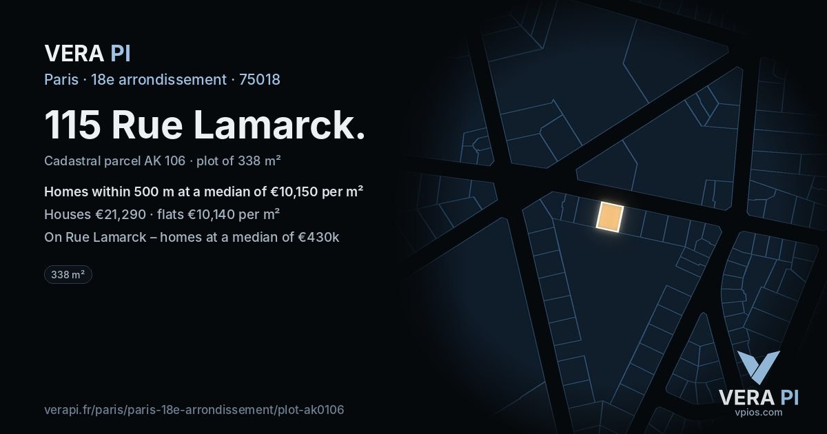 115 Rue Lamarck, 18e arrondissement at night – the plot lit, the parcels around coloured by the prices near them