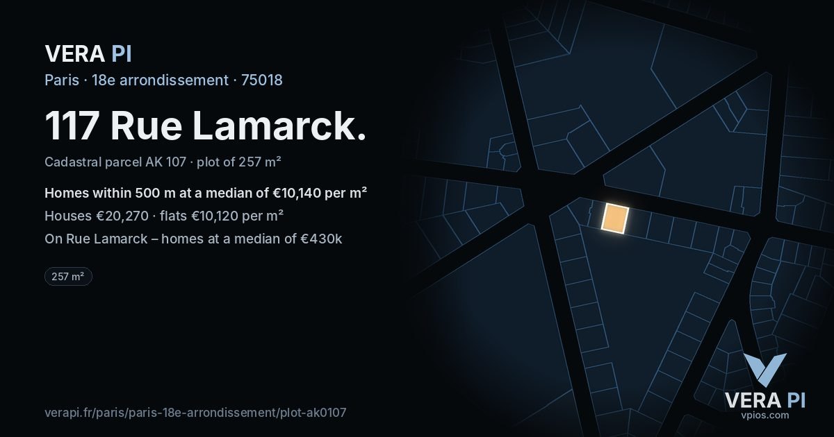 117 Rue Lamarck, 18e arrondissement at night – the plot lit, the parcels around coloured by the prices near them