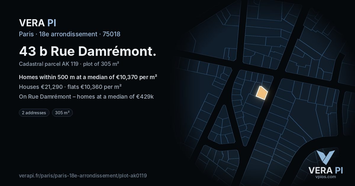 43 b Rue Damrémont, 18e arrondissement at night – the plot lit, the parcels around coloured by the prices near them
