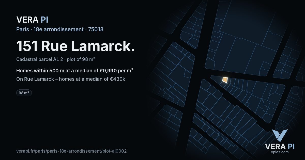 151 Rue Lamarck, 18e arrondissement at night – the plot lit, the parcels around coloured by the prices near them