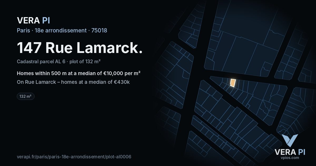 147 Rue Lamarck, 18e arrondissement at night – the plot lit, the parcels around coloured by the prices near them