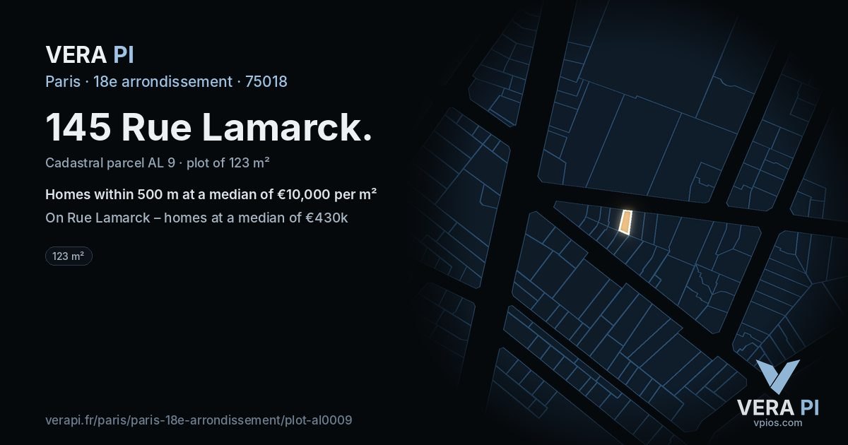 145 Rue Lamarck, 18e arrondissement at night – the plot lit, the parcels around coloured by the prices near them