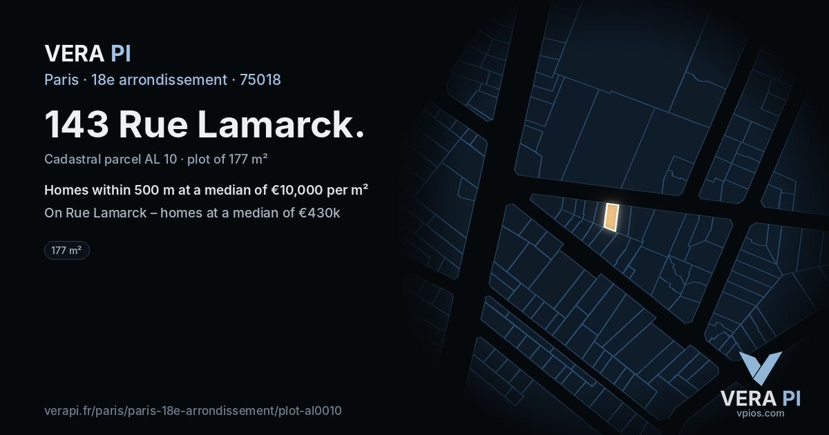 143 Rue Lamarck, 18e arrondissement at night – the plot lit, the parcels around coloured by the prices near them