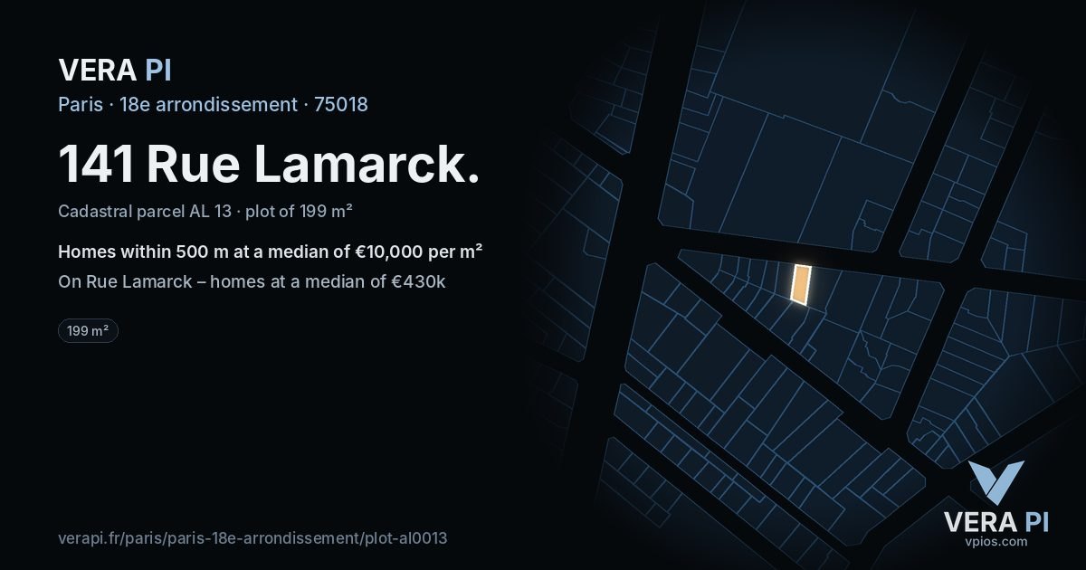 141 Rue Lamarck, 18e arrondissement at night – the plot lit, the parcels around coloured by the prices near them