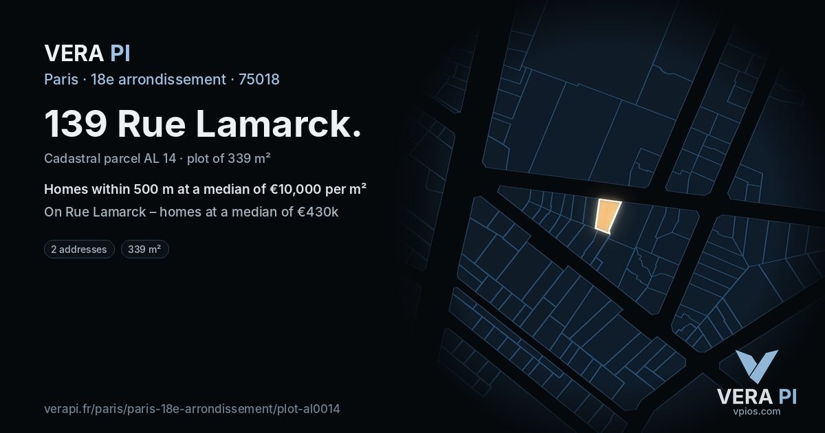 139 Rue Lamarck, 18e arrondissement at night – the plot lit, the parcels around coloured by the prices near them