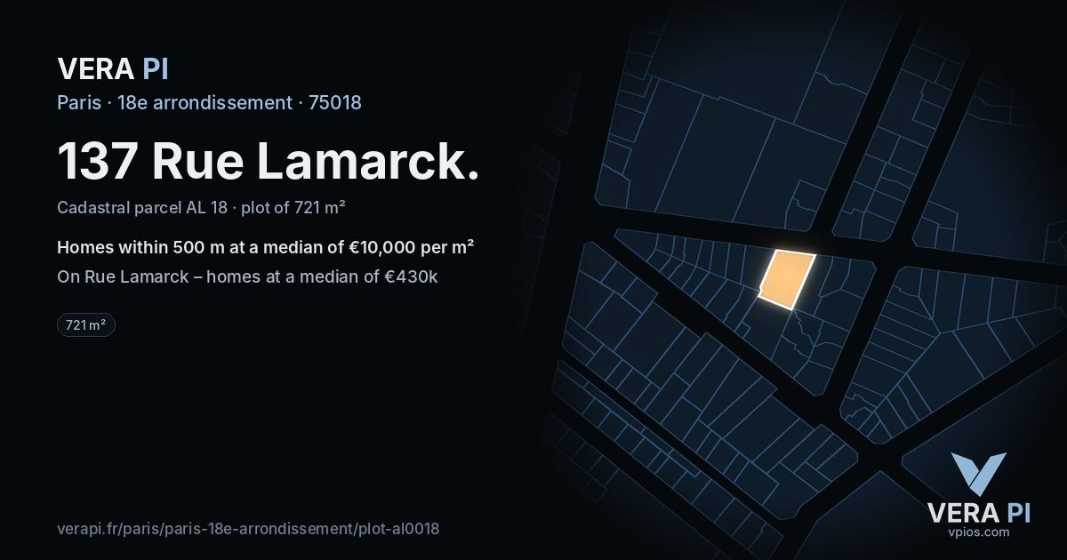 137 Rue Lamarck, 18e arrondissement at night – the plot lit, the parcels around coloured by the prices near them