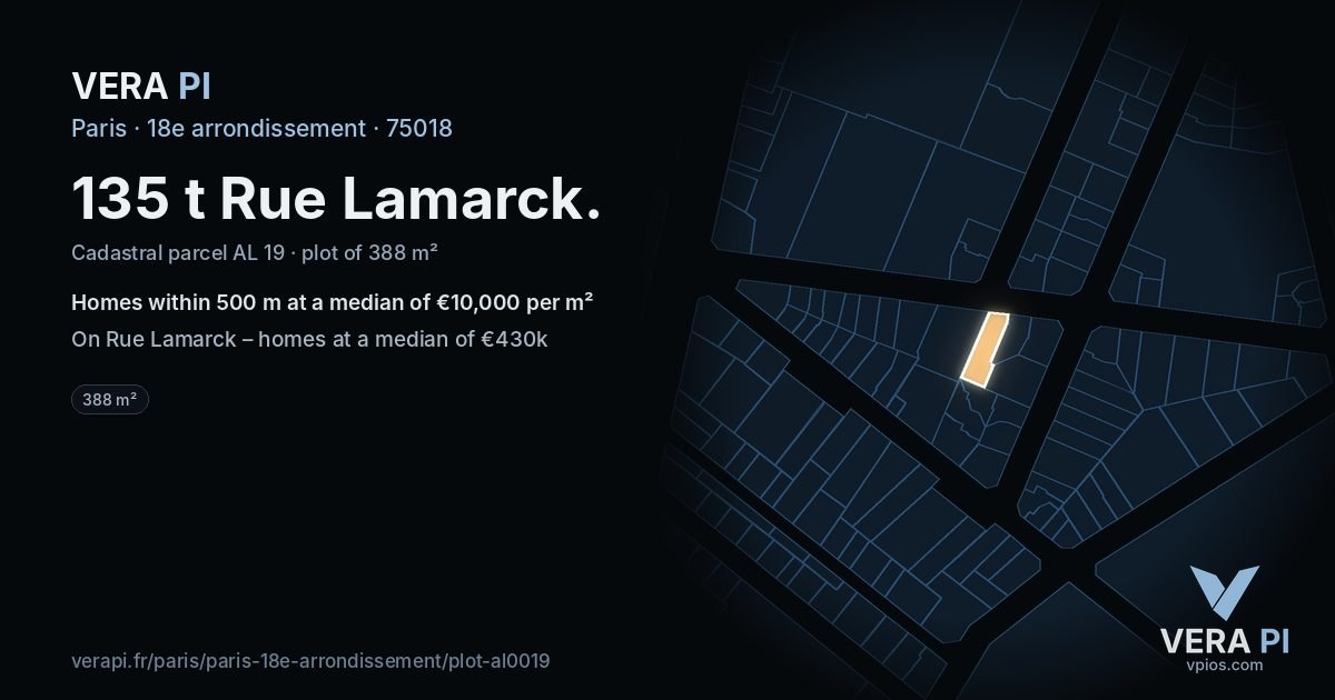 135 t Rue Lamarck, 18e arrondissement at night – the plot lit, the parcels around coloured by the prices near them