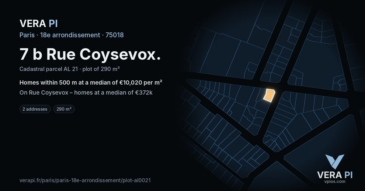 7 b Rue Coysevox, 18e arrondissement at night – the plot lit, the parcels around coloured by the prices near them