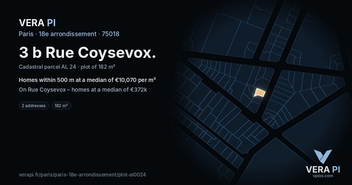 3 b Rue Coysevox, 18e arrondissement at night – the plot lit, the parcels around coloured by the prices near them