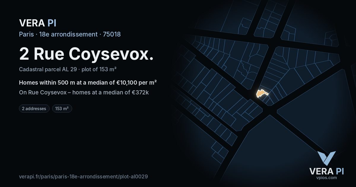 2 Rue Coysevox, 18e arrondissement at night – the plot lit, the parcels around coloured by the prices near them