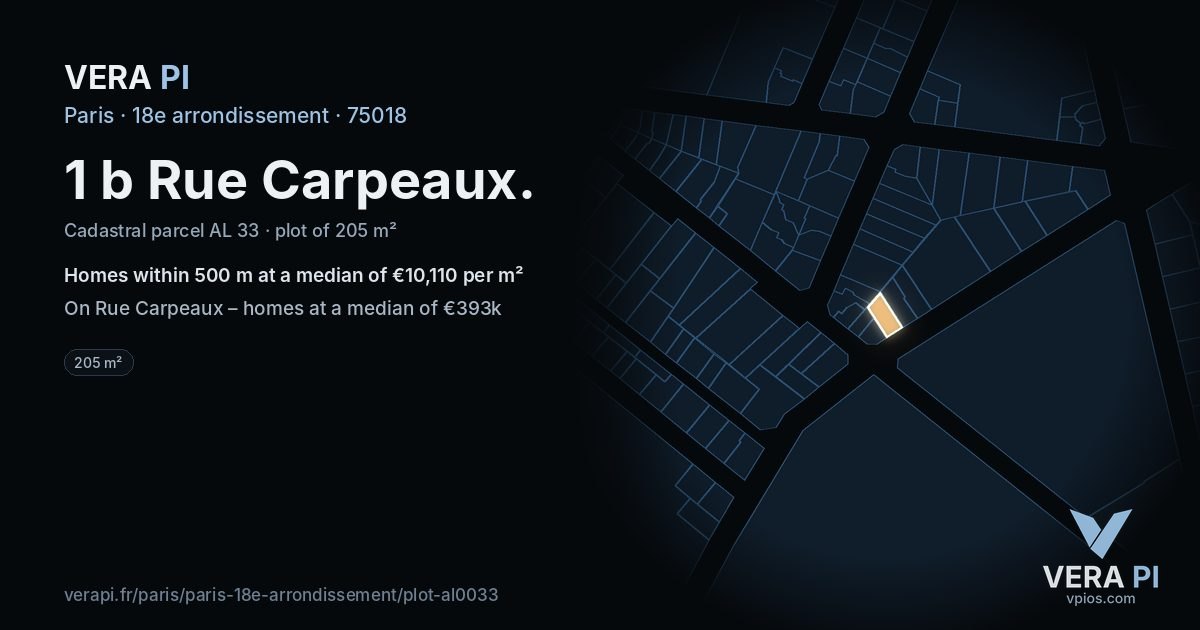 1 b Rue Carpeaux, 18e arrondissement at night – the plot lit, the parcels around coloured by the prices near them