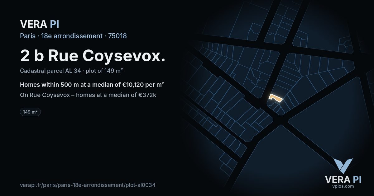 2 b Rue Coysevox, 18e arrondissement at night – the plot lit, the parcels around coloured by the prices near them