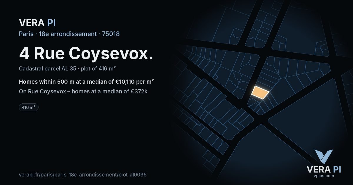 4 Rue Coysevox, 18e arrondissement at night – the plot lit, the parcels around coloured by the prices near them