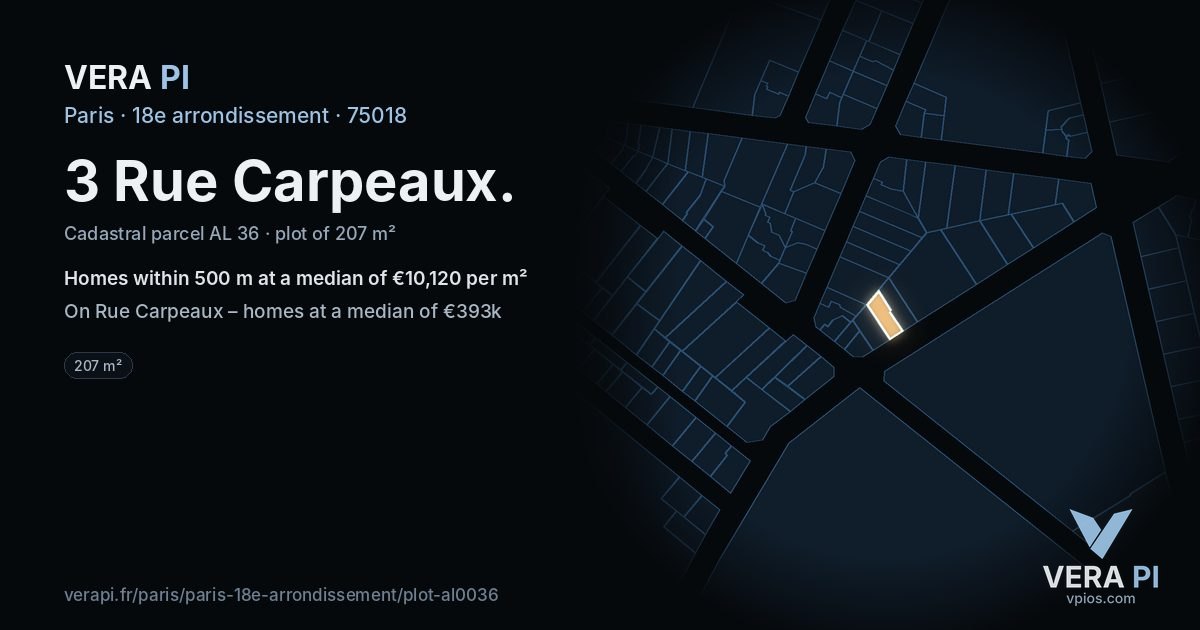 3 Rue Carpeaux, 18e arrondissement at night – the plot lit, the parcels around coloured by the prices near them