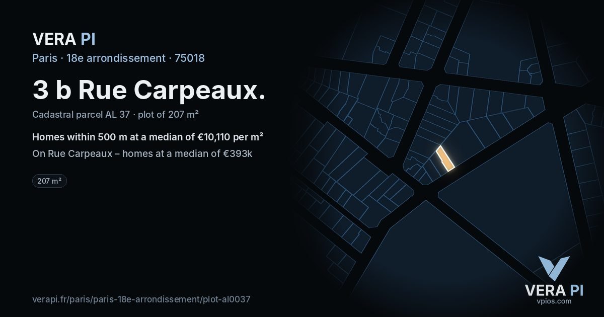 3 b Rue Carpeaux, 18e arrondissement at night – the plot lit, the parcels around coloured by the prices near them
