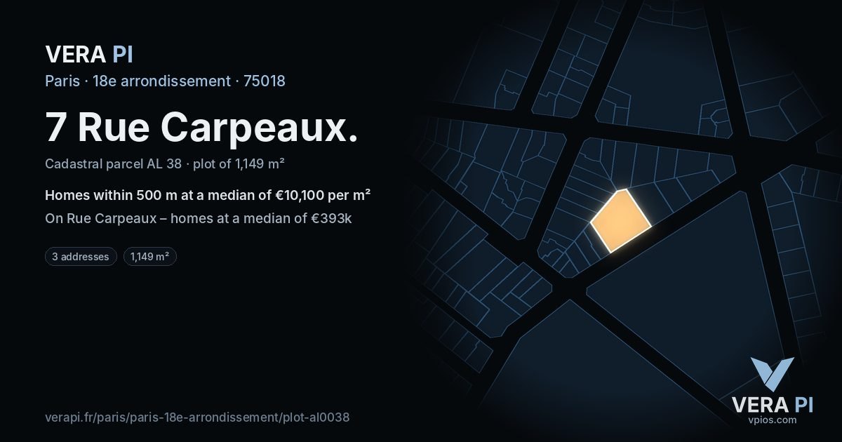 7 Rue Carpeaux, 18e arrondissement at night – the plot lit, the parcels around coloured by the prices near them
