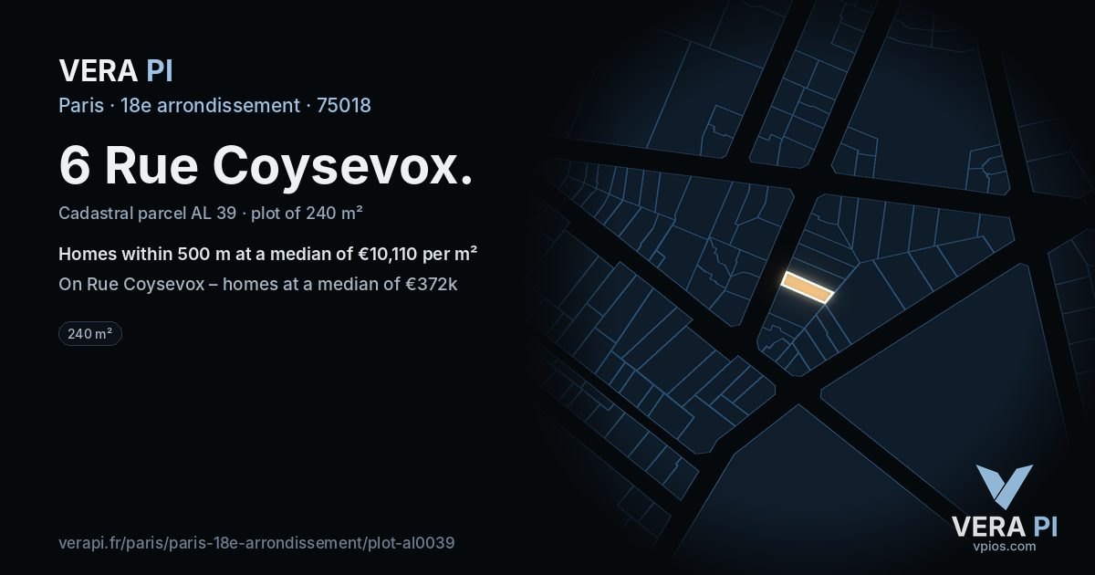 6 Rue Coysevox, 18e arrondissement at night – the plot lit, the parcels around coloured by the prices near them