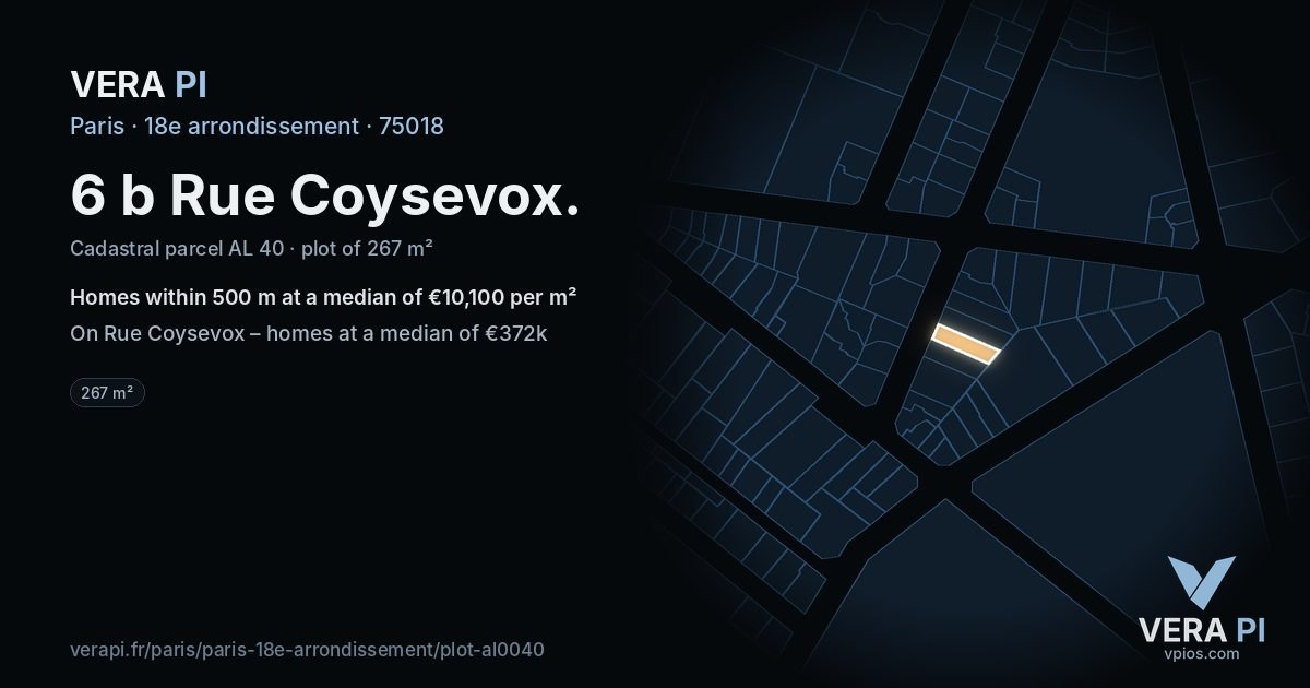 6 b Rue Coysevox, 18e arrondissement at night – the plot lit, the parcels around coloured by the prices near them