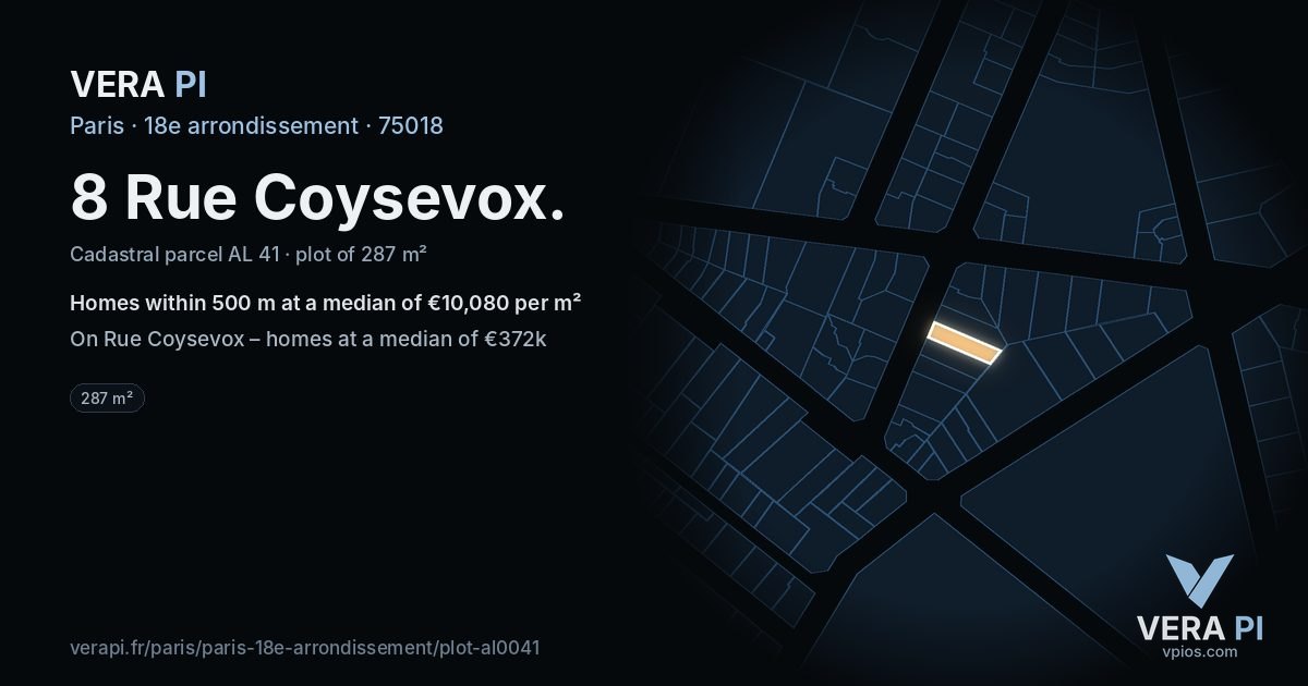 8 Rue Coysevox, 18e arrondissement at night – the plot lit, the parcels around coloured by the prices near them