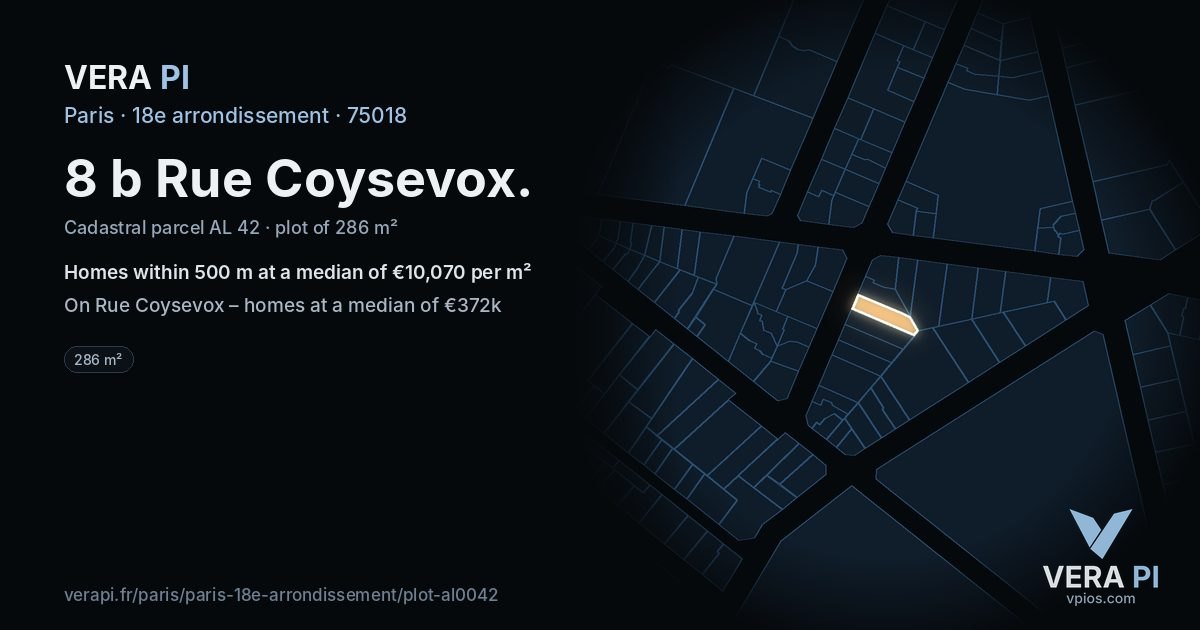 8 b Rue Coysevox, 18e arrondissement at night – the plot lit, the parcels around coloured by the prices near them