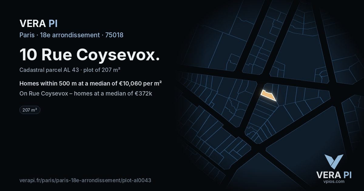 10 Rue Coysevox, 18e arrondissement at night – the plot lit, the parcels around coloured by the prices near them