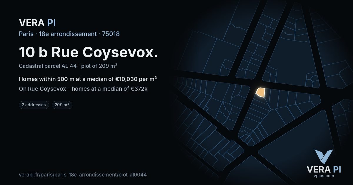 10 b Rue Coysevox, 18e arrondissement at night – the plot lit, the parcels around coloured by the prices near them