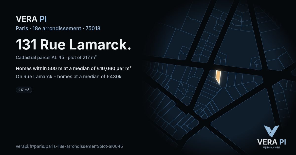 131 Rue Lamarck, 18e arrondissement at night – the plot lit, the parcels around coloured by the prices near them